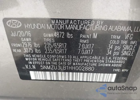 2017 Hyundai Santa Fe Sport 2.4L from USA, damaged, VIN 5NMZU3LB1HH002880